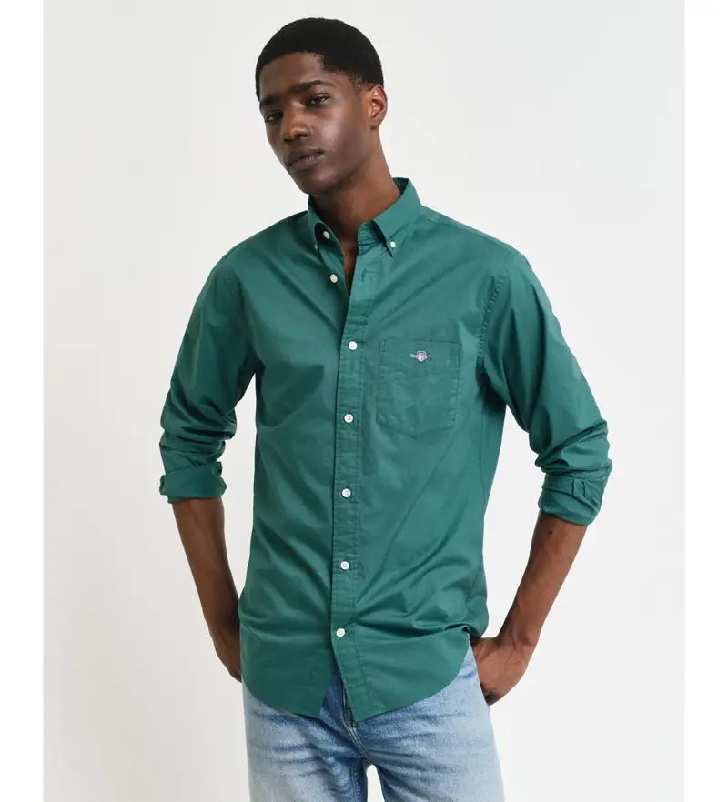 per uomo. 3000100 Camicia in popeline verde vestibilità regolare (M), Casual, Cotone, Manica lunga