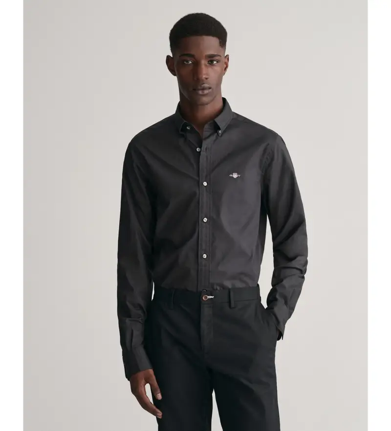 per uomo 3000102 Camicia classica in popeline nera slim fit (L), Nero, Casual, Da sera, Cotone, Classico, Manica lunga, Sostenibile