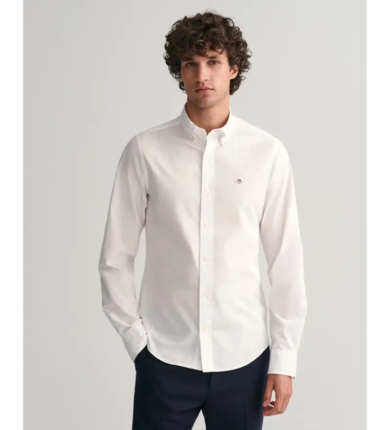 per uomo 3000102 Camicia slim fit in popeline bianco (S), Casual, Cotone, Classico, Manica lunga