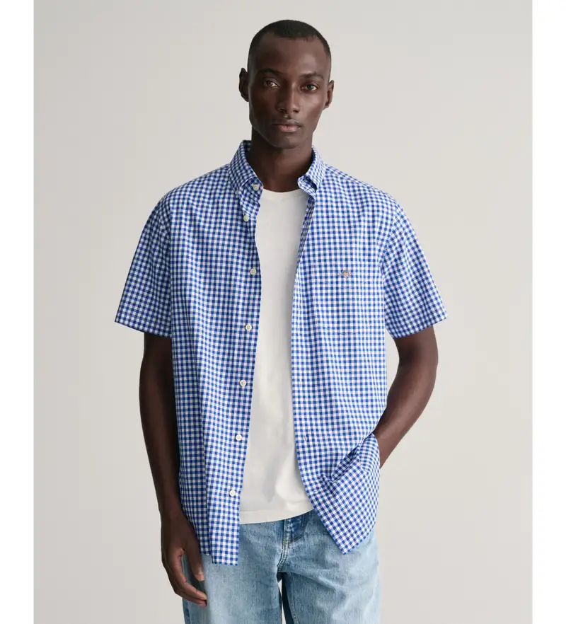 per uomo 3000121 Camicia a maniche corte Regular Fit in popeline Gingham blu (S), Casual, Cotone, Manica corta