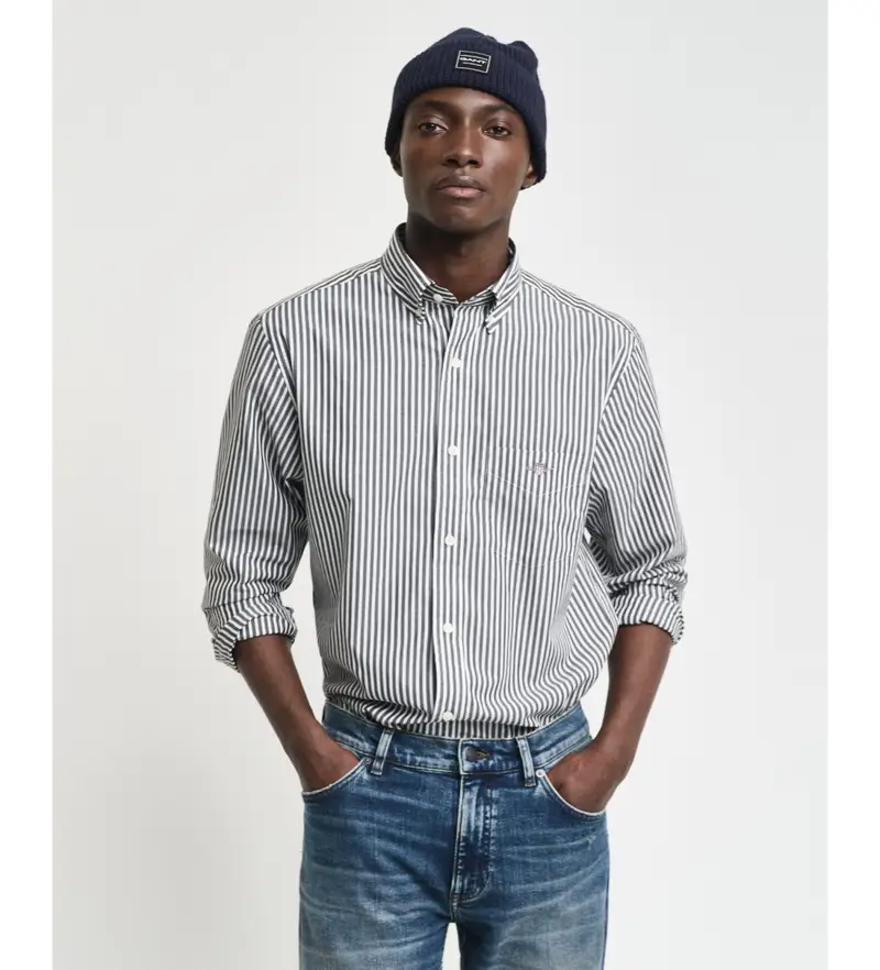 per uomo 3000130 Camicia in popeline a righe nere dalla vestibilità regolare (L), Nero, Casual, Cotone, Classico, Manica lunga