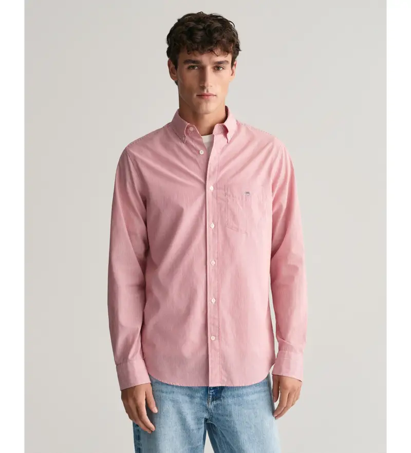 per uomo. 3000140 Camicia rossa in popeline a righe da banchiere dalla vestibilità regolare (L), Rosso, Casual, Cotone, Manica lunga