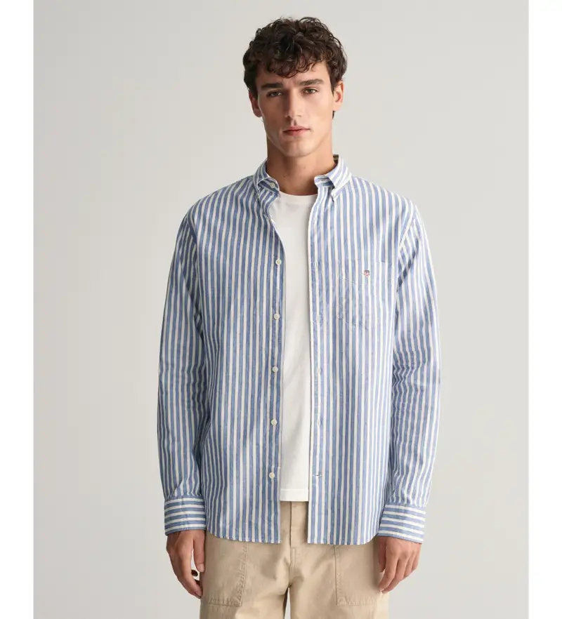 per uomo 3240060 Camicia Regular Fit in cotone e lino a righe blu (L), Casual, Manica lunga