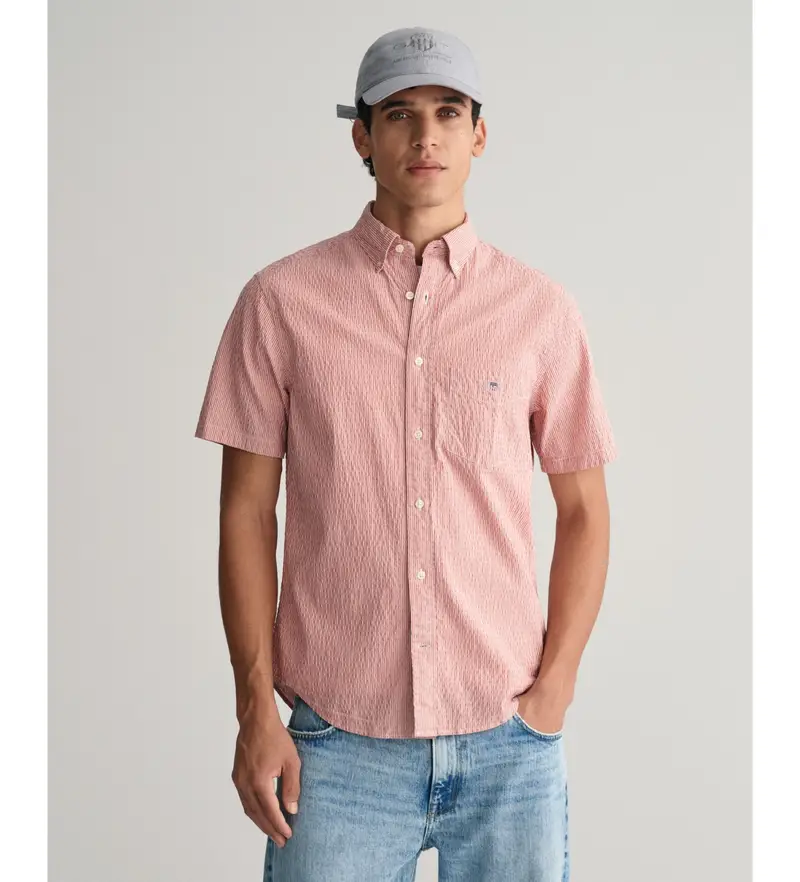 per uomo. 3240064 Camicia in seersucker rosa tramonto dalla vestibilità regolare (L), Casual, Cotone, Manica corta