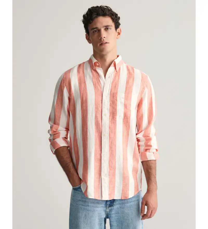 per uomo 3240080 Camicia in lino a righe arancioni vestibilità regolare (L), Casual, Arancione, Manica lunga Naturale