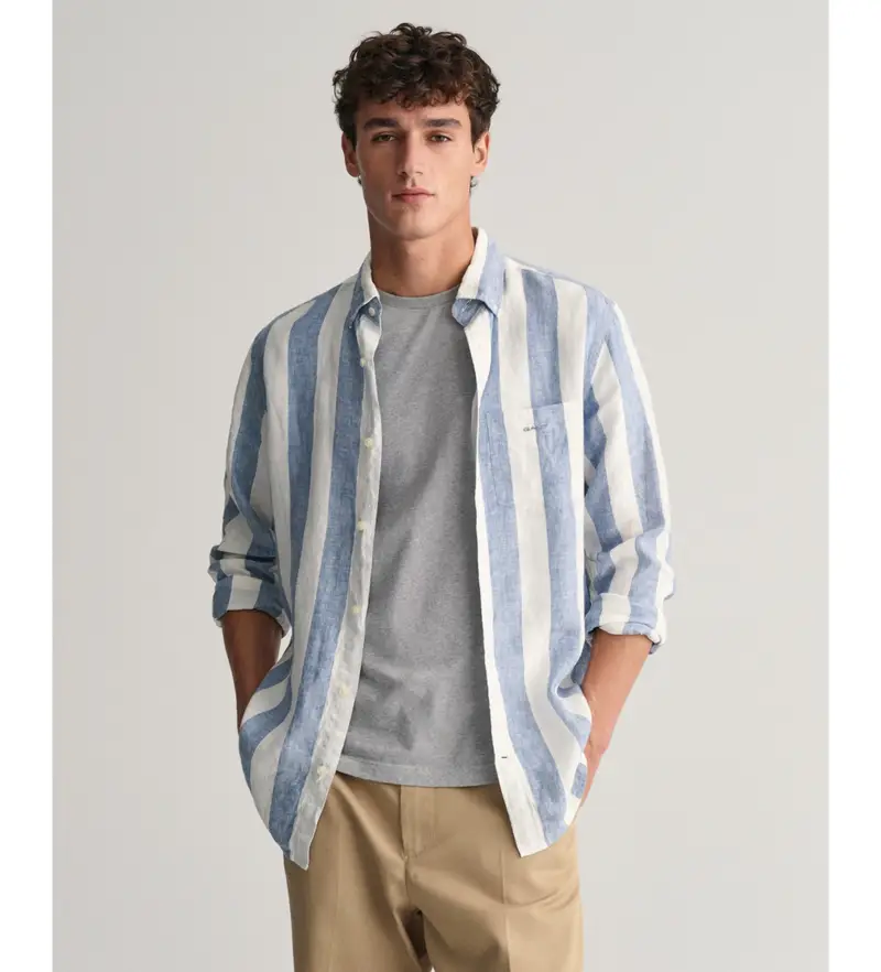 per uomo 3240080 Camicia in lino vestibilità regolare con strisce blu audaci (L), Casual, Manica lunga