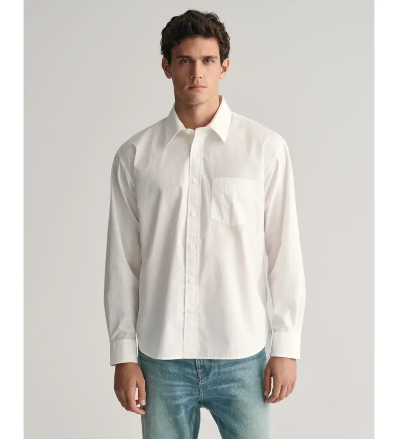 per uomo 3240095 Camicia bianca in popeline Heritage dalla vestibilità rilassata (L), Bianco, Casual, Cotone, Manica lunga