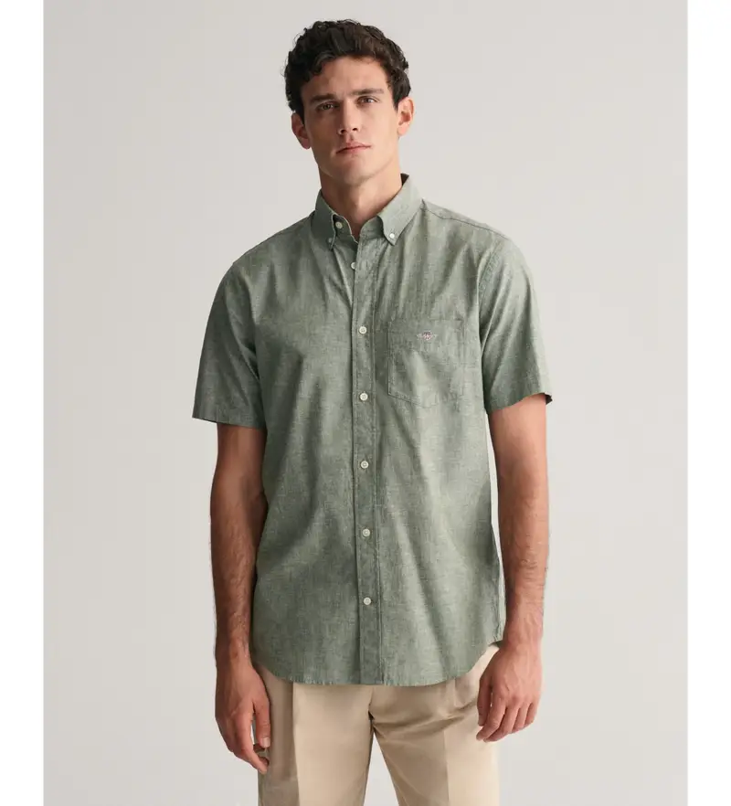 per uomo. 3240101 Camicia Regular Fit a maniche corte in cotone e lino verde (L), Casual, Manica corta