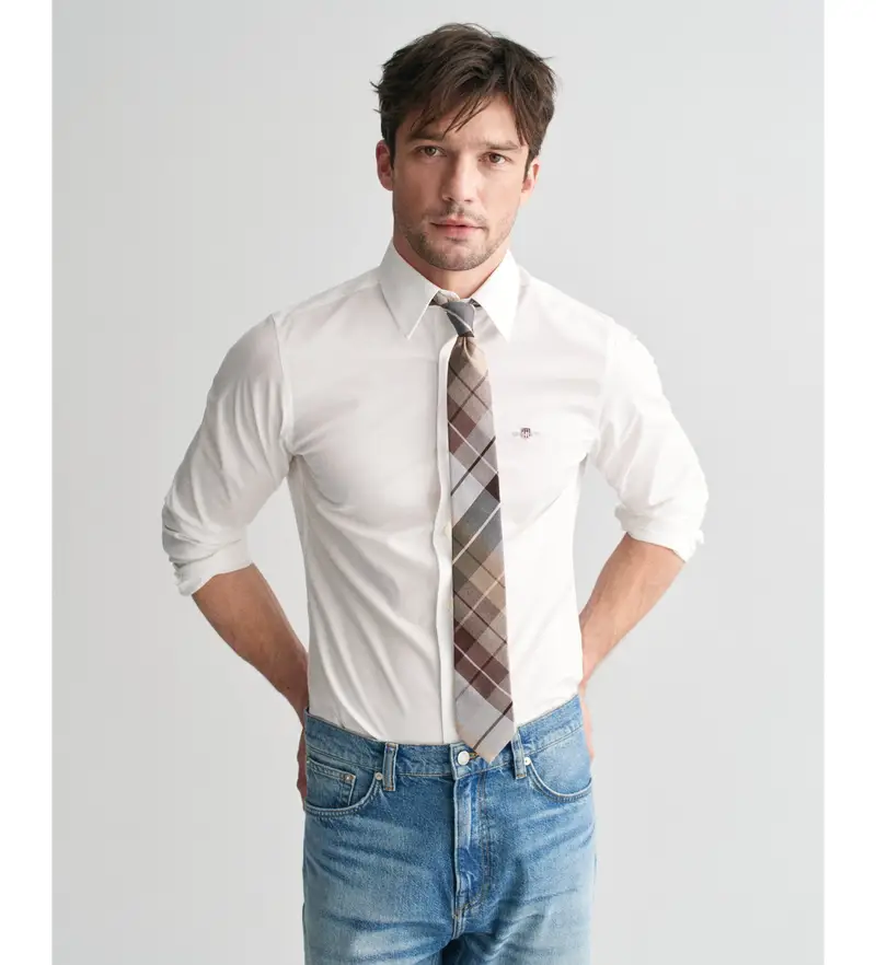 per uomo 3240171 Camicia slim fit in popeline elasticizzato bianco (M), Casual, Cotone, Manica lunga