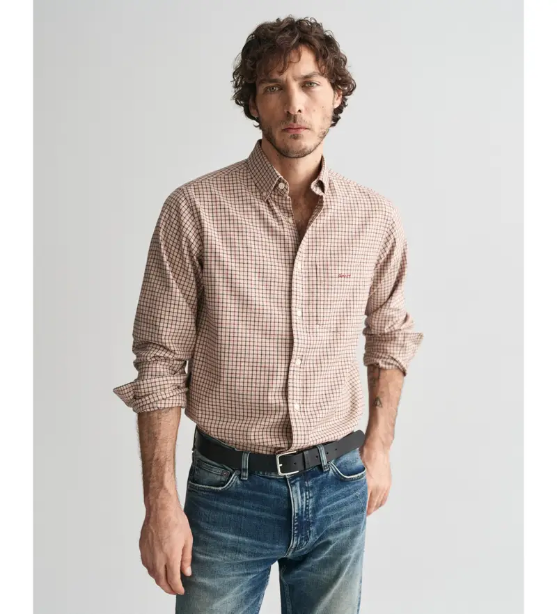 per uomo 3240219 Camicia Tattersall Beige a quadri Jasper vestibilità regolare (L), Casual, Cotone, Manica lunga