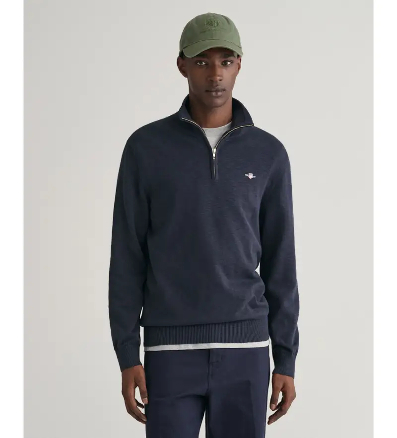 per uomo 8030195 Maglione con mezza zip fiammata in cotone blu scuro (L), Casual, Manica lunga, Navy