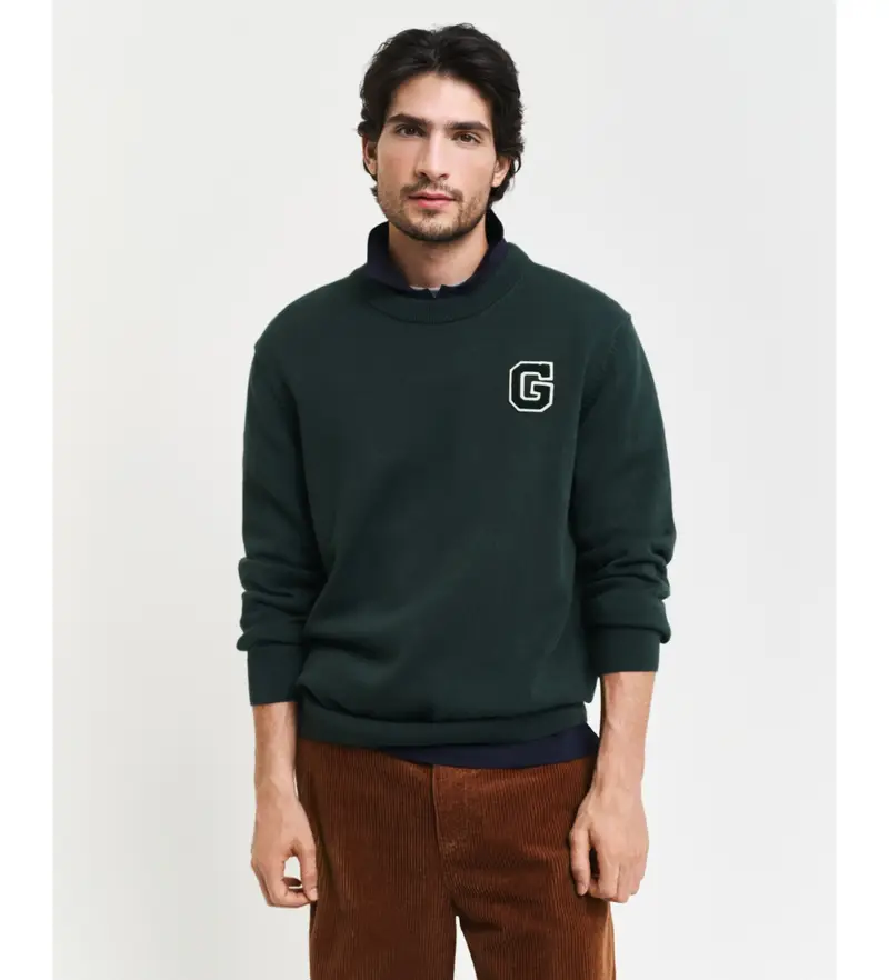 per uomo. 8030221 Maglione girocollo con stemma verde (L), Casual, Cotone
