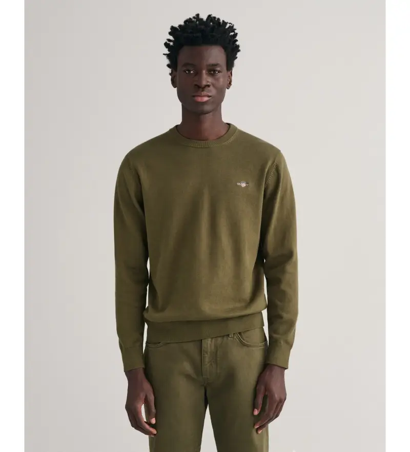 per uomo. 8030561 Maglione girocollo classico in cotone verde (S), Casual, Manica lunga