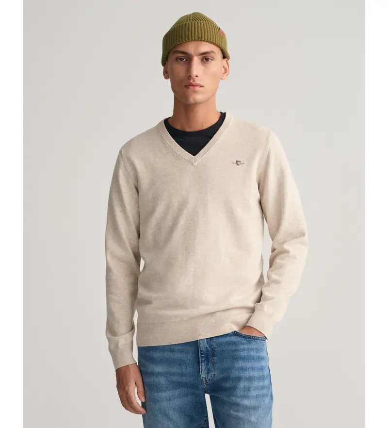 per uomo 8030562 Classico maglione scollo a V in cotone beige (S), Casual, Manica lunga