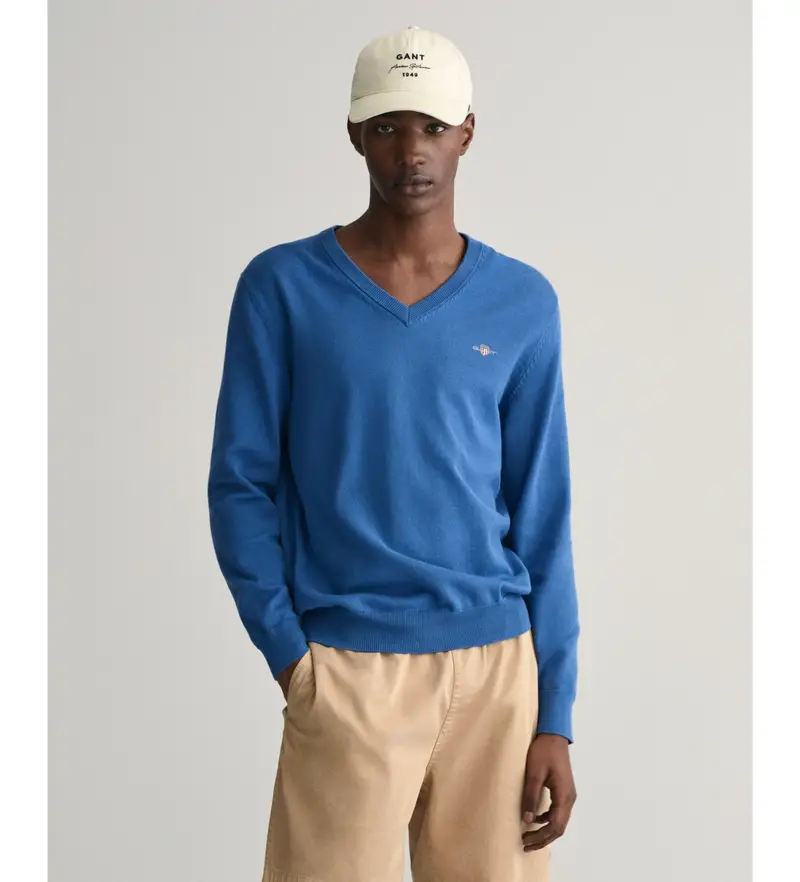 Gant Maglione Uomo Classico Scollo a V in Cotone Blu