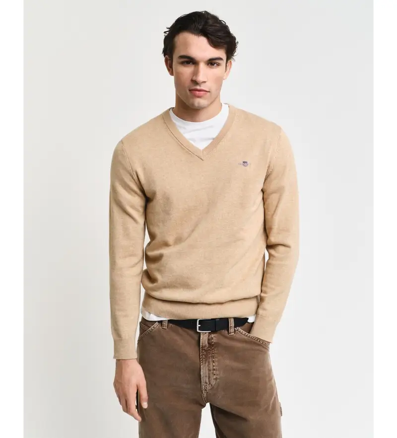 per uomo 8030562 Maglione classico scollo a V in cotone beige (L), Casual