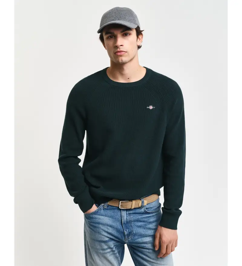 per uomo. 8050211 Maglione girocollo in lana e cotone a coste verde (L), Casual