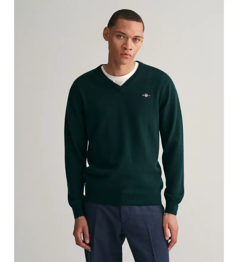 per uomo. 87212 Maglia scollo a V in lana fine verde (S), Casual, Manica lunga