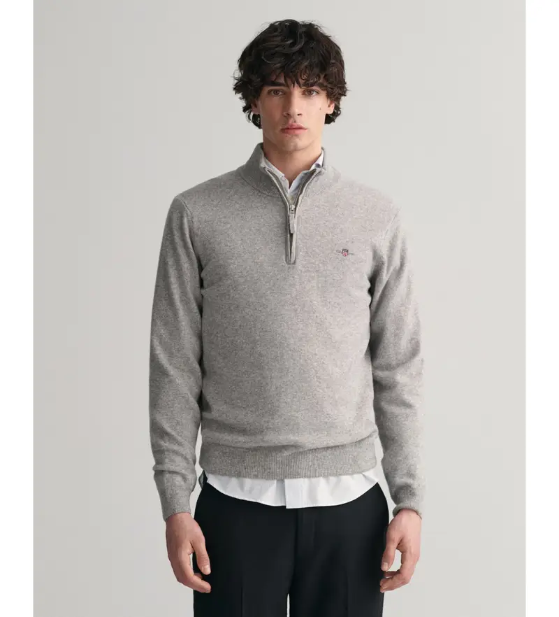 per uomo 87213 Maglione in finissima lana di pecora con mezza zip grigia (S), Casual, Grigio