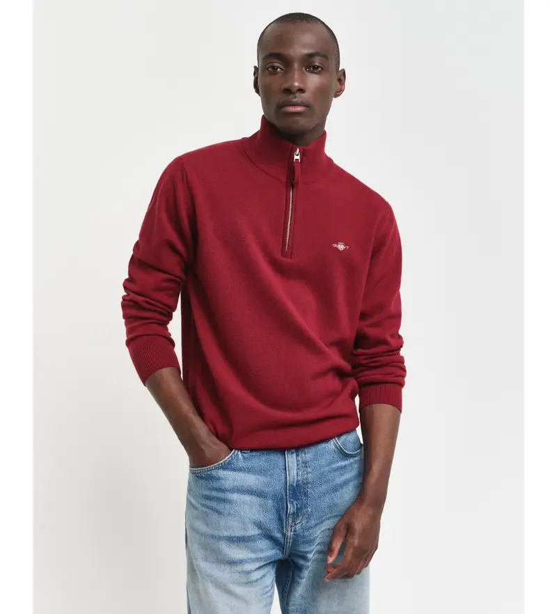 per uomo. 87213 Maglione rosso con mezza zip in finissima lana di pecora (L), Casual