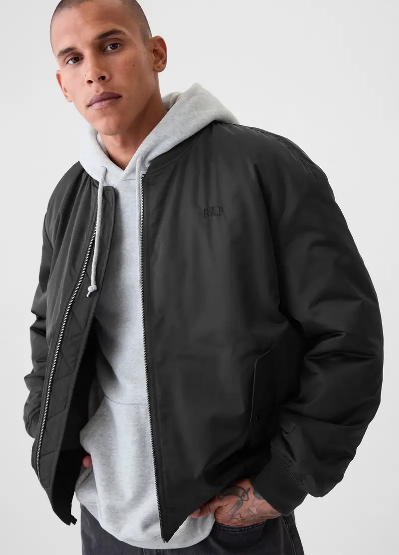 Bomber In Nylon Full-zip, Uomo, Nero