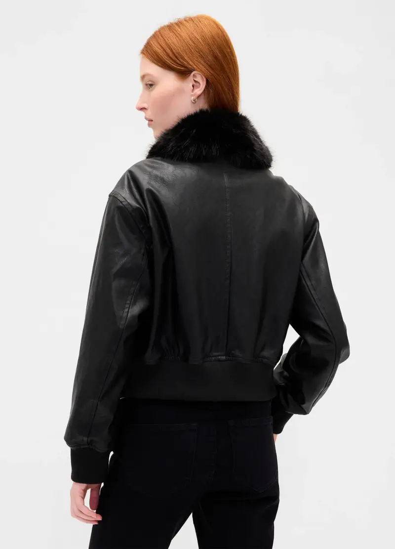 Bomber Nero Con Collo In Pelliccia Sintetica, Donna, Nero miniatura 2