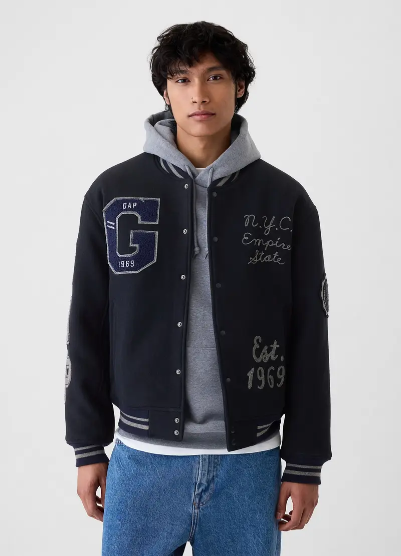Bomber Varsity Con Ricamo E Patch, Uomo, Blu