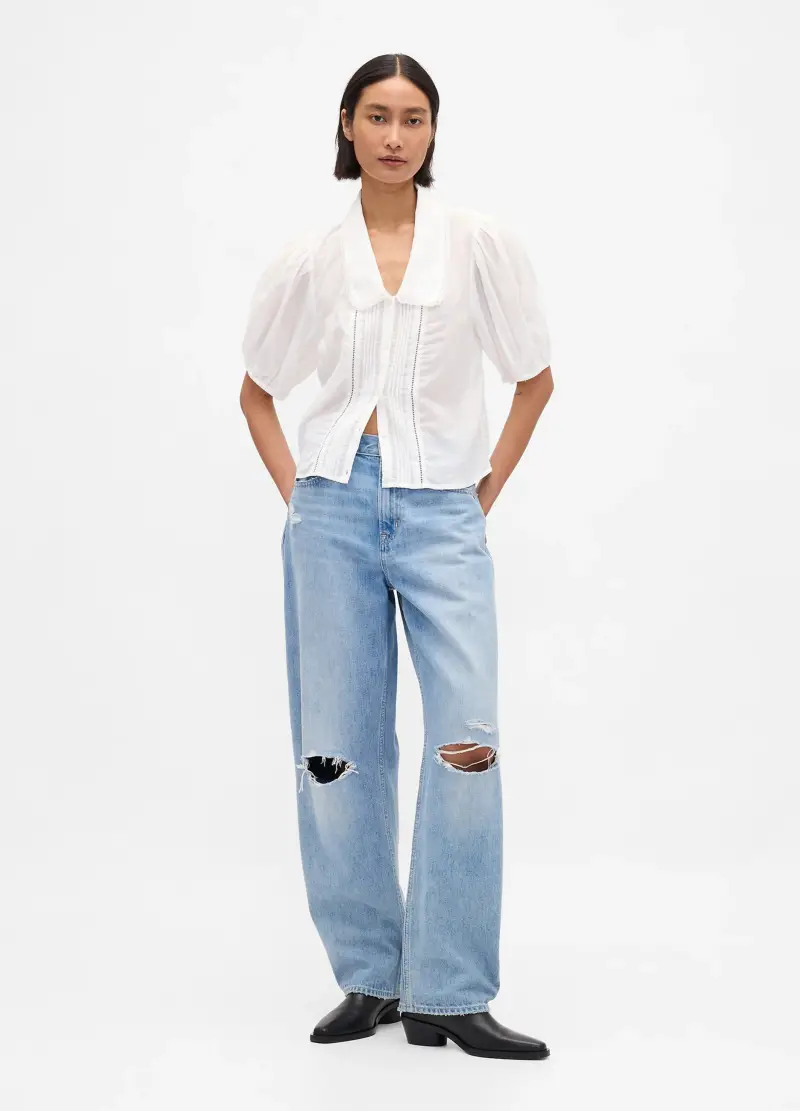 Camicetta Bianca Con Maniche Corte A Palloncino, Donna, Bianco miniatura 2