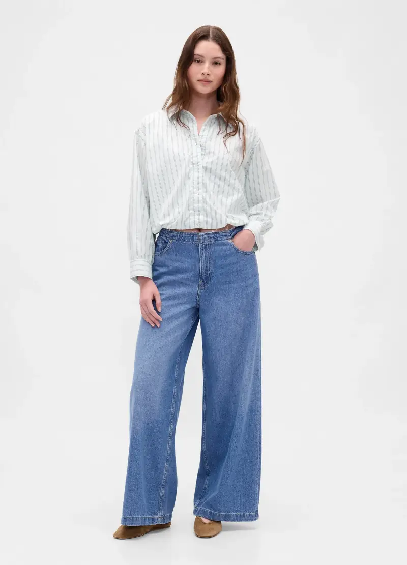 , Camicia Azzurra In Cotone A Righe, Donna, Bianco miniatura 3