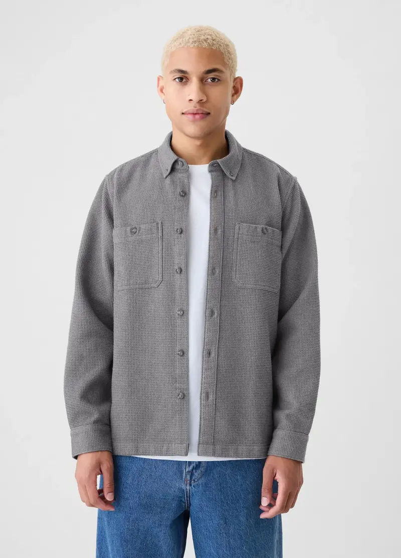 Camicia button-down con trama waffle, , Grigio cenere