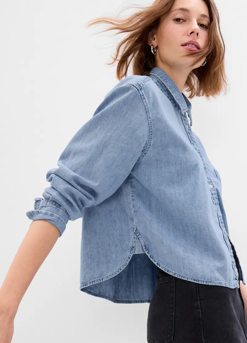 Camicia Crop In Denim, Donna, Denim miniatura 2