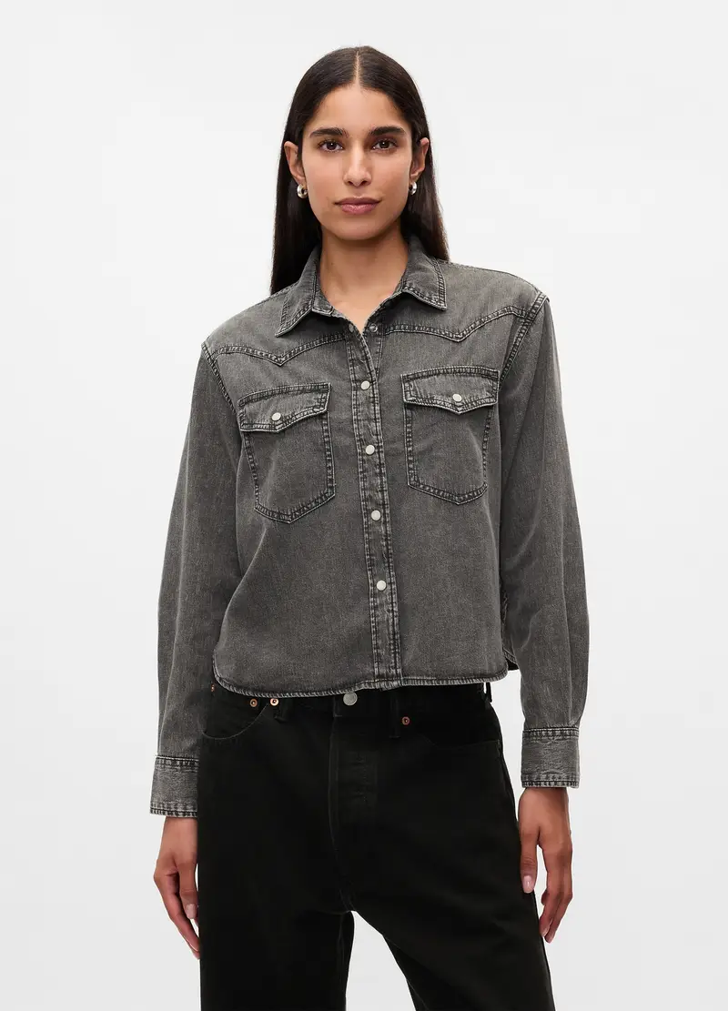 GAP, Camicia Cropped Western In Denim, Donna, Grigio, Taglia: S