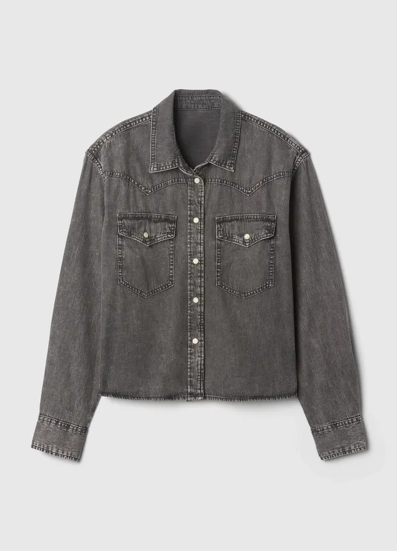 GAP, Camicia Cropped Western In Denim, Donna, Grigio, Taglia: S miniatura 3