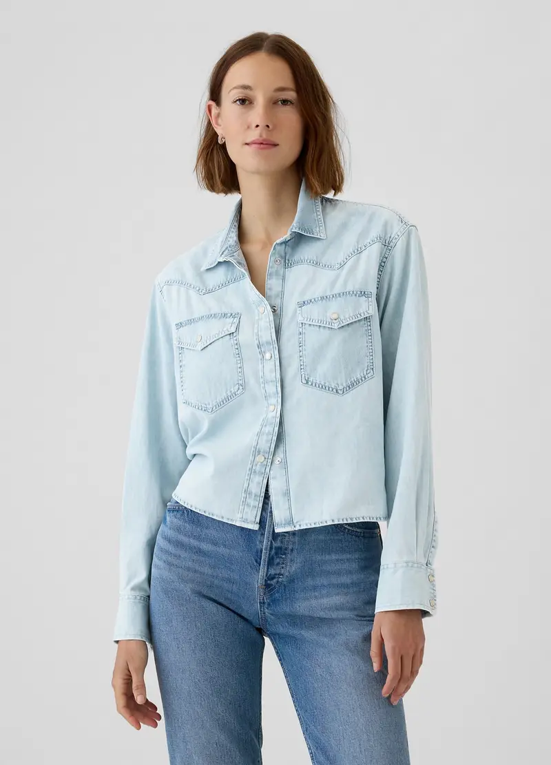 Camicia cropped western in denim, , Lavaggio chiaro