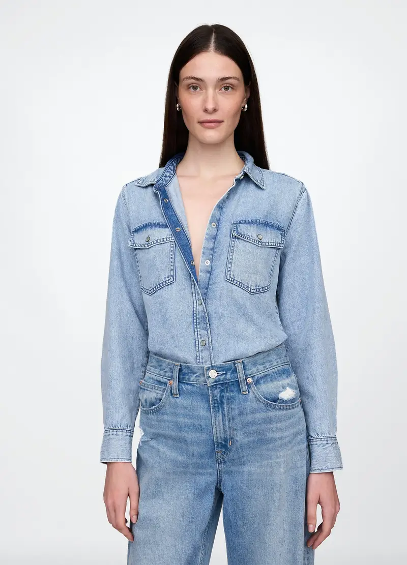 GAP, Camicia In Denim Con Bottoni A Pressione, Donna, , Taglia: XS