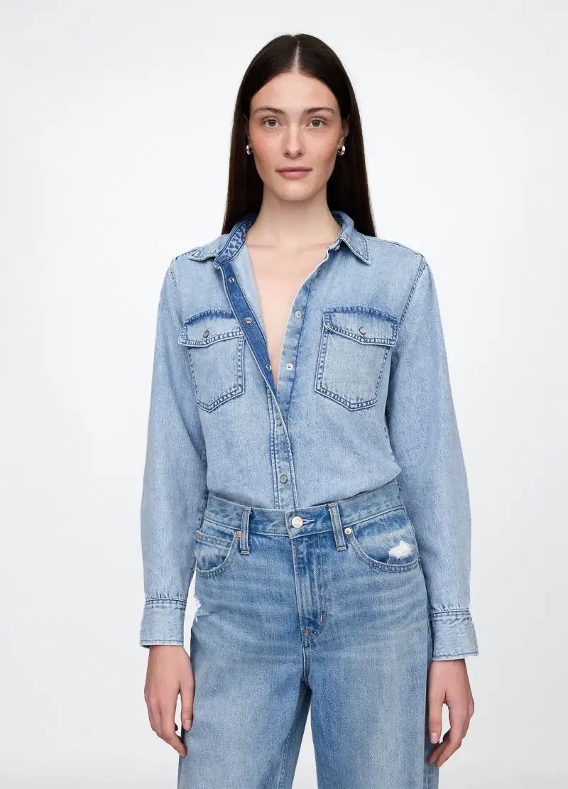 Camicia in denim con bottoni a pressione, , Lavaggio chiaro