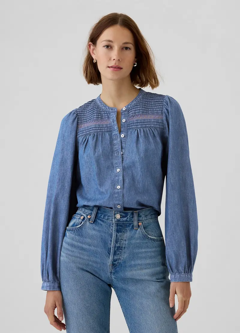 Camicia in denim con dettagli lavorati, , Lavaggio medio