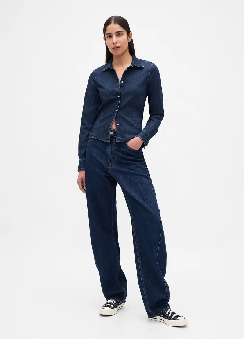 Camicia In Denim Elasticizzata A Maniche Lunghe, Donna, Denim miniatura 3