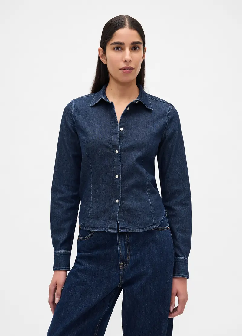 Camicia In Denim Elasticizzata A Maniche Lunghe, Donna, Denim