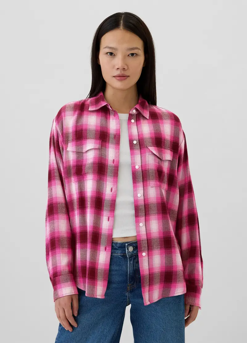 Camicia In Flanella Check Con Tasche, Donna, Rosa