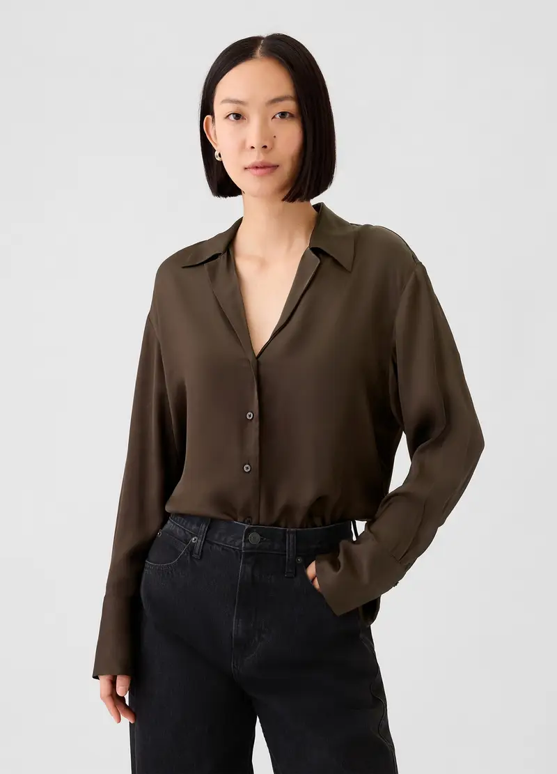 Camicia In Viscosa Satin, Donna, Marrone