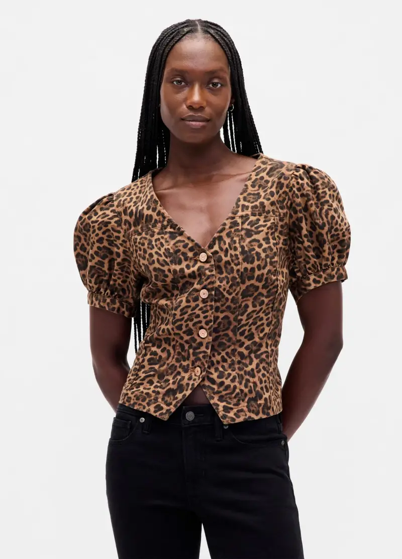 Camicia Marrone Con Stampa Leopardata A Maniche Corte, Donna, Beige