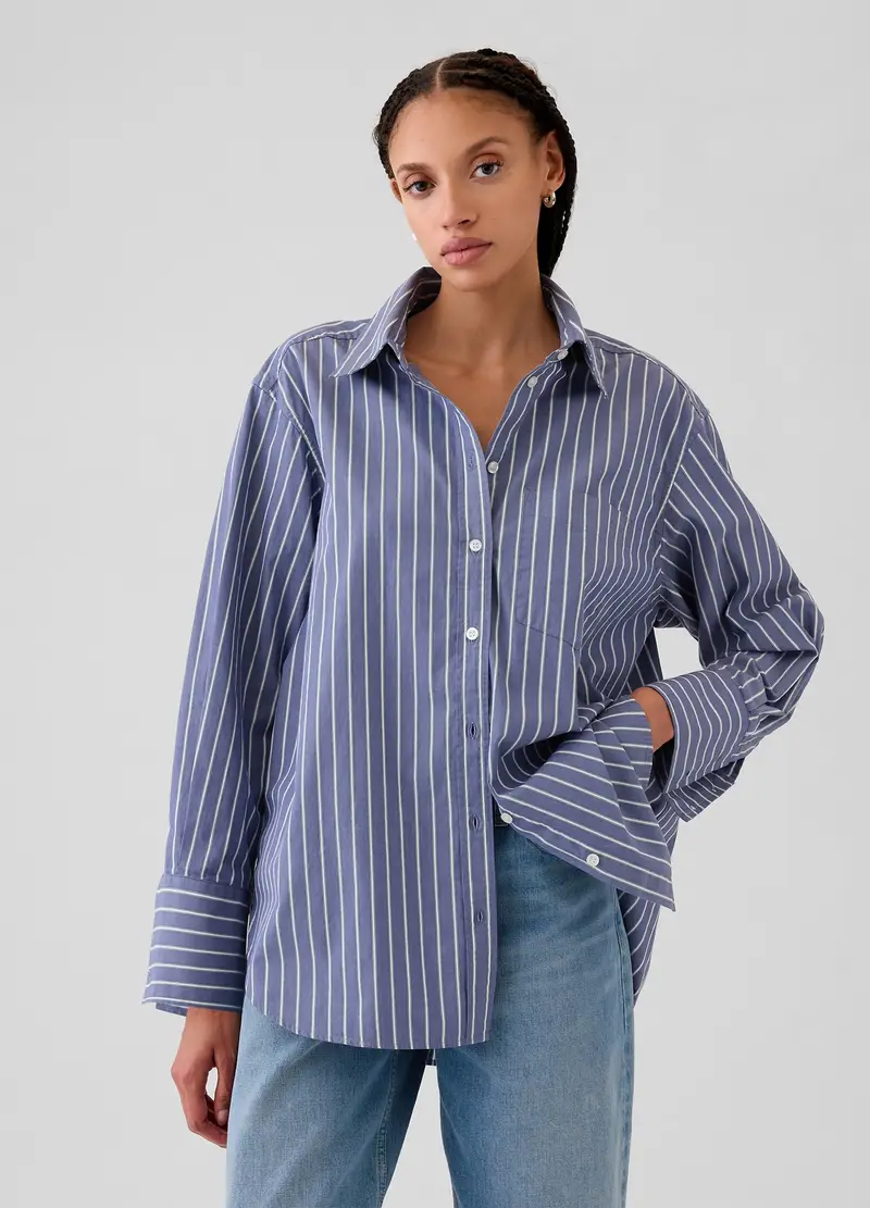 Camicia oversize a righe, , Bianco/Azzurro