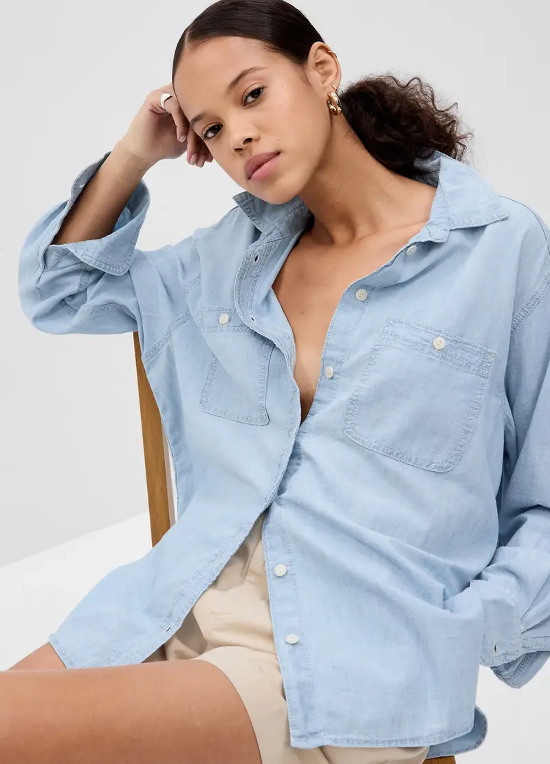 Camicia Oversize In Denim Con Tasche, Donna, Blu