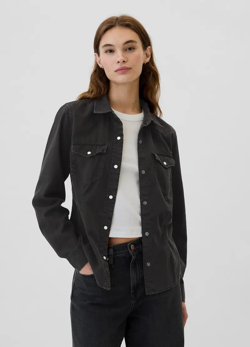GAP, Camicia Western In Denim Con Bottoni Perlati, Donna, Nero, Taglia: XS