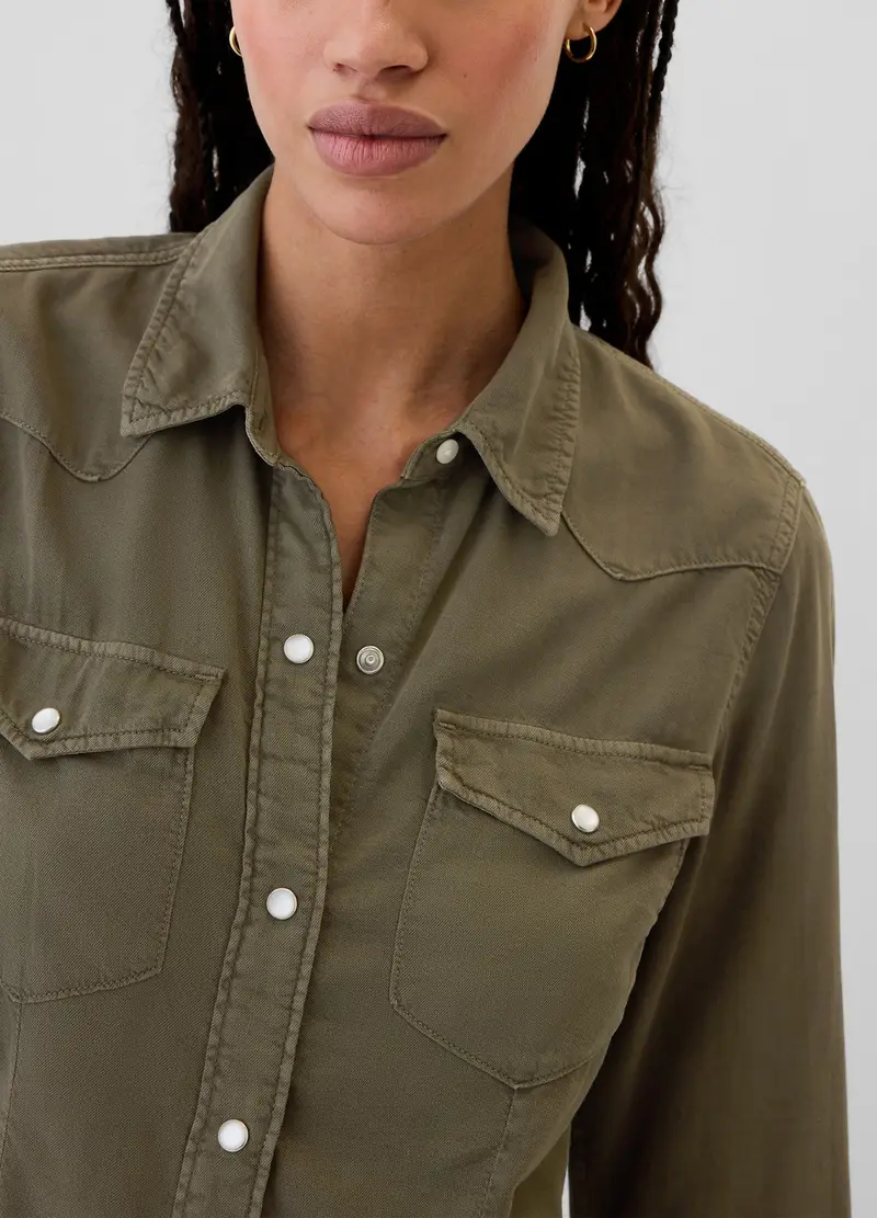 GAP, Camicia Western In Denim Con Bottoni Perlati, Donna, Verde, Taglia: XS miniatura 3