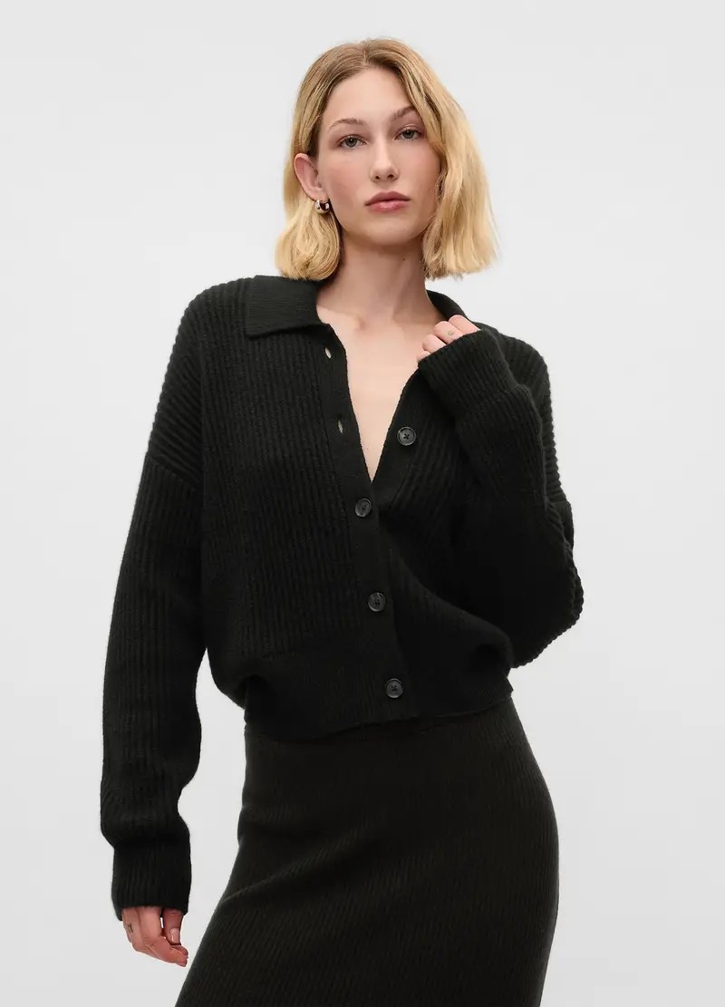 Cardigan CashSoft over a coste inglesi con colletto, , Nero