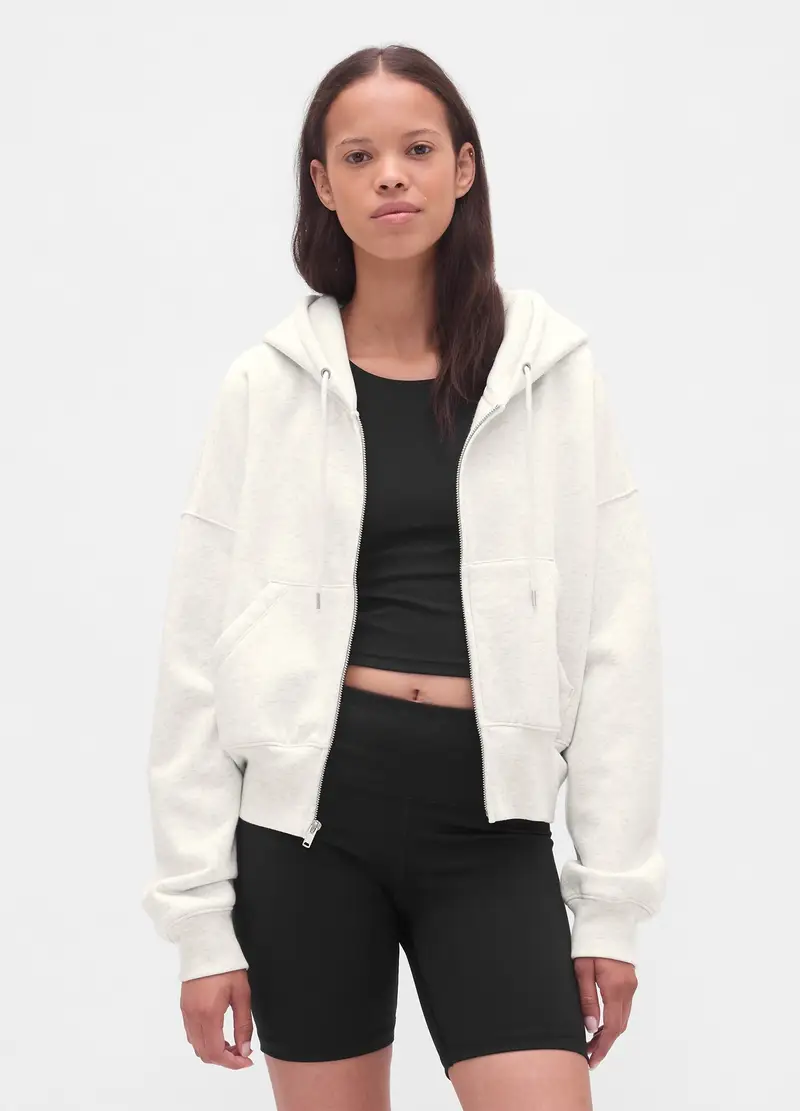Felpa Bianco Con Cappuccio E Zip Completa, Donna, Bianco