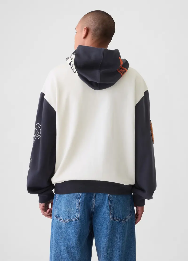 Felpa Color Block Con Cappuccio Motivo Basket, Uomo, Bianco miniatura 3