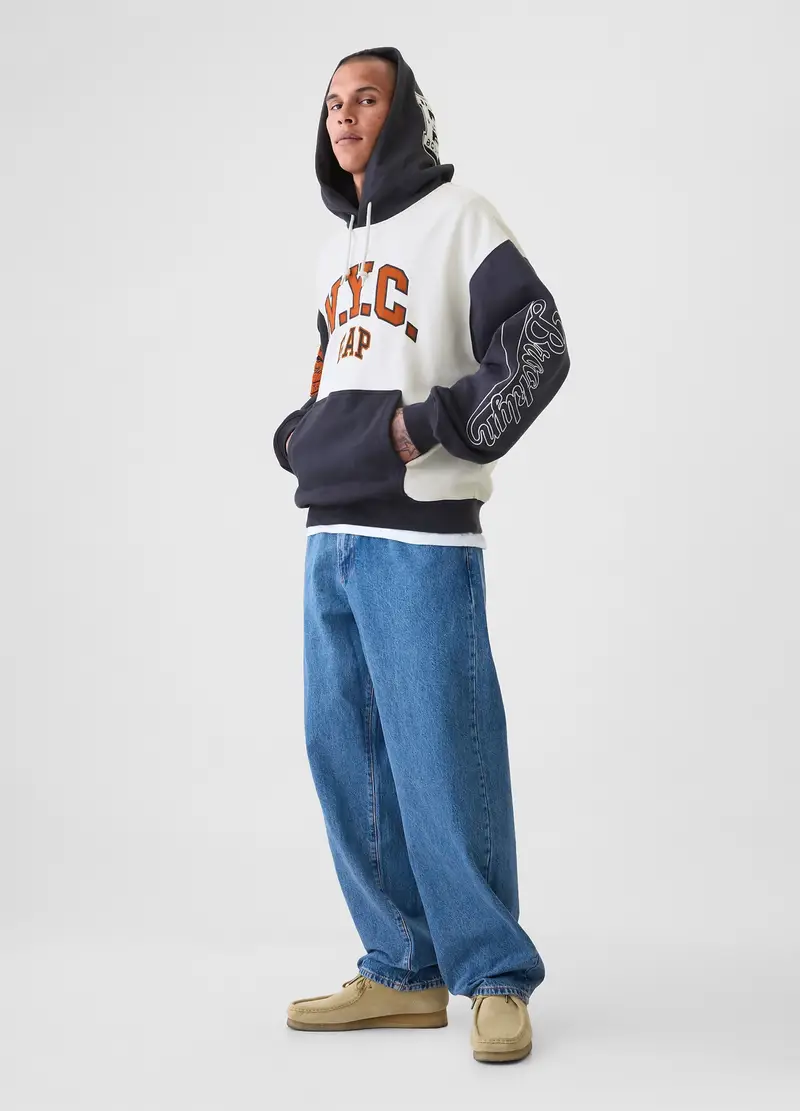 Felpa Color Block Con Cappuccio Motivo Basket, Uomo, Bianco